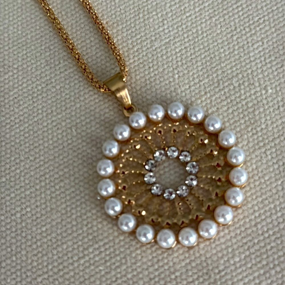 Sunburst Halo Medallion Pendant Necklace, Gold Tone Faux Pearls